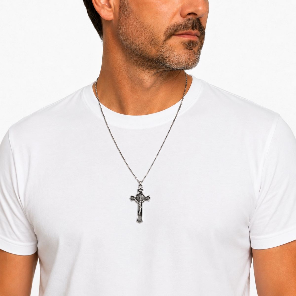 Dije Cruz Cristo y San Benito con Cadena - Metal