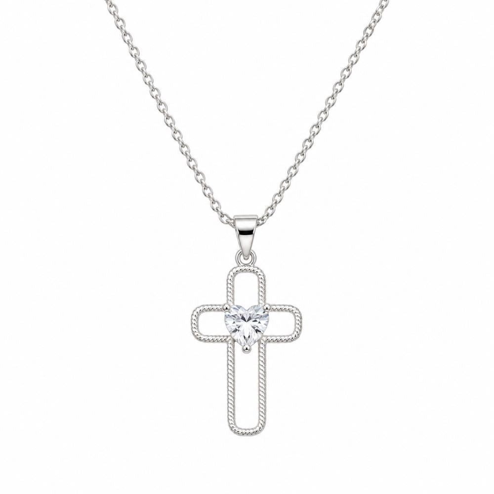 Dije Cruz Corazón Brillo y Cadena - Plata