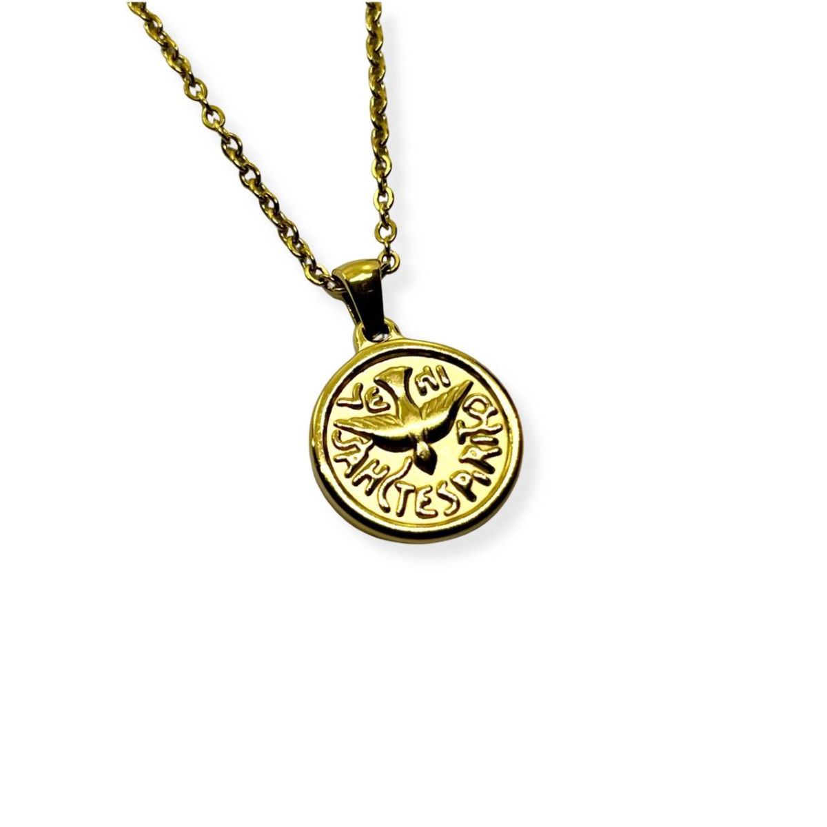 Dije Espíritu Santo Redondo y Cadena Dorada - Acero
