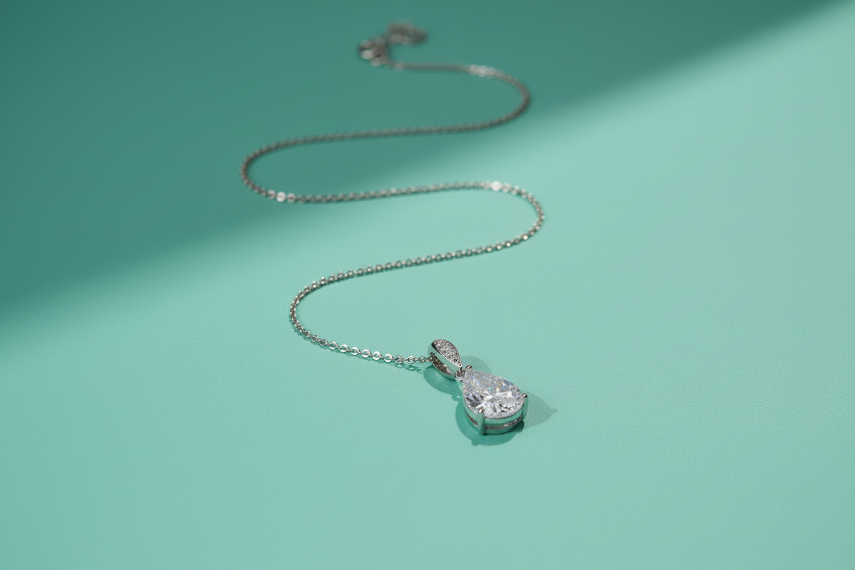  fina elegantemente presentada, diseño delicado y sofisticado, metal pulido de alta calidad con acabado premium, colocada con una curva natural y fluida que transmite armonía, iluminación suave de estudio resaltando el brillo y los detalles del metal, fondo liso color verde Tiffany (turquesa suave, tono icónico de lujo), estética limpia y atemporal