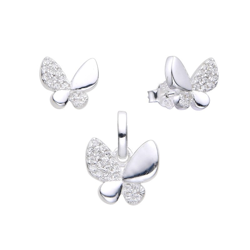 Juego de Aretes y Dije Mariposa con Brillos - Plata