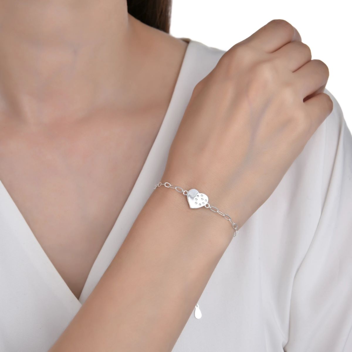 Pulsera Cadena Corazón Brillos - Plata