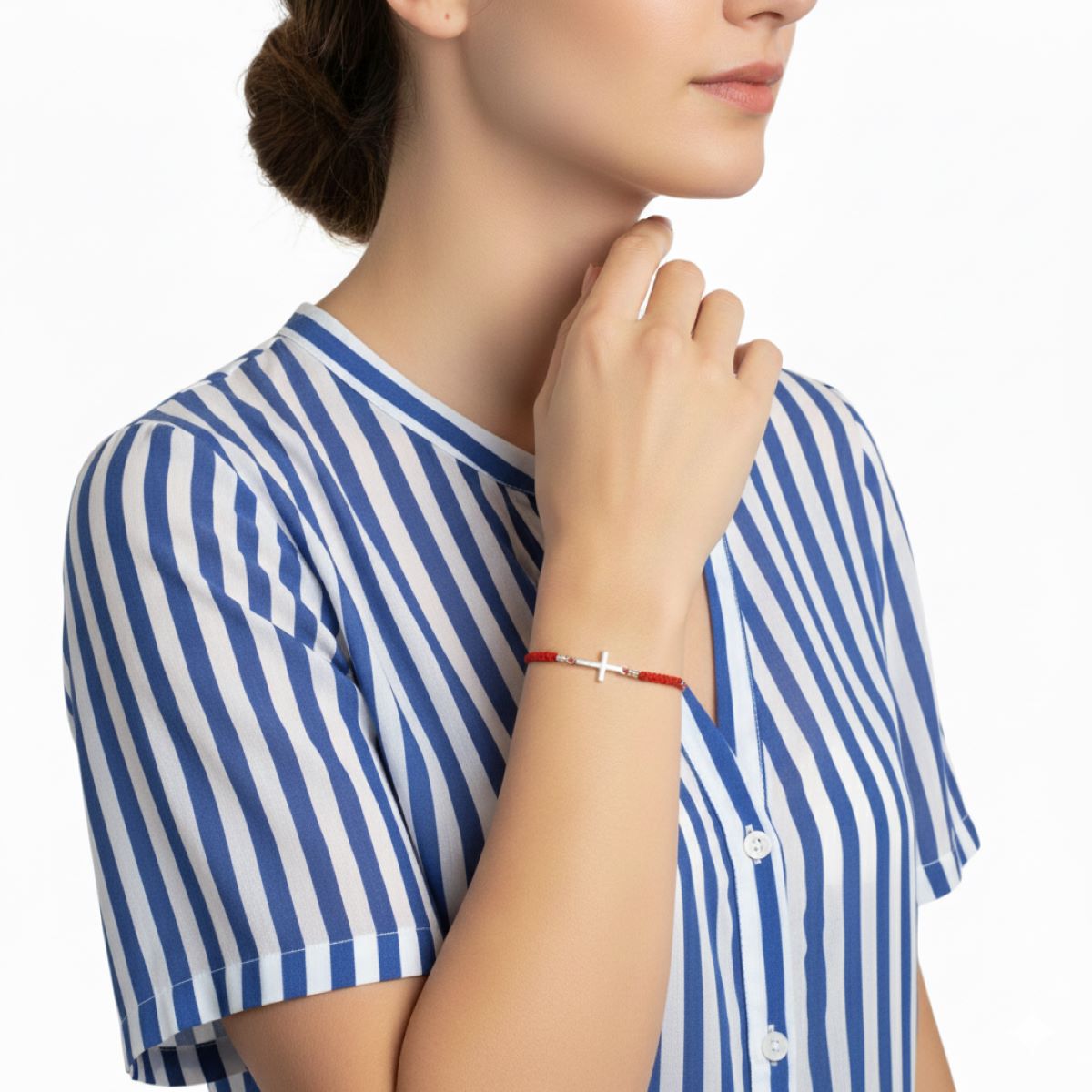 Pulsera Cruz Bolitas Rojo - Hilo y Plata