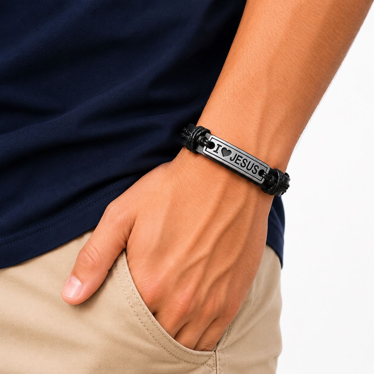 Pulsera Jesús Cuero Marrón - Metal