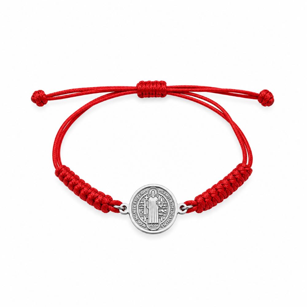 Pulsera Medalla de San Benito - Hilo Rojo y Acero