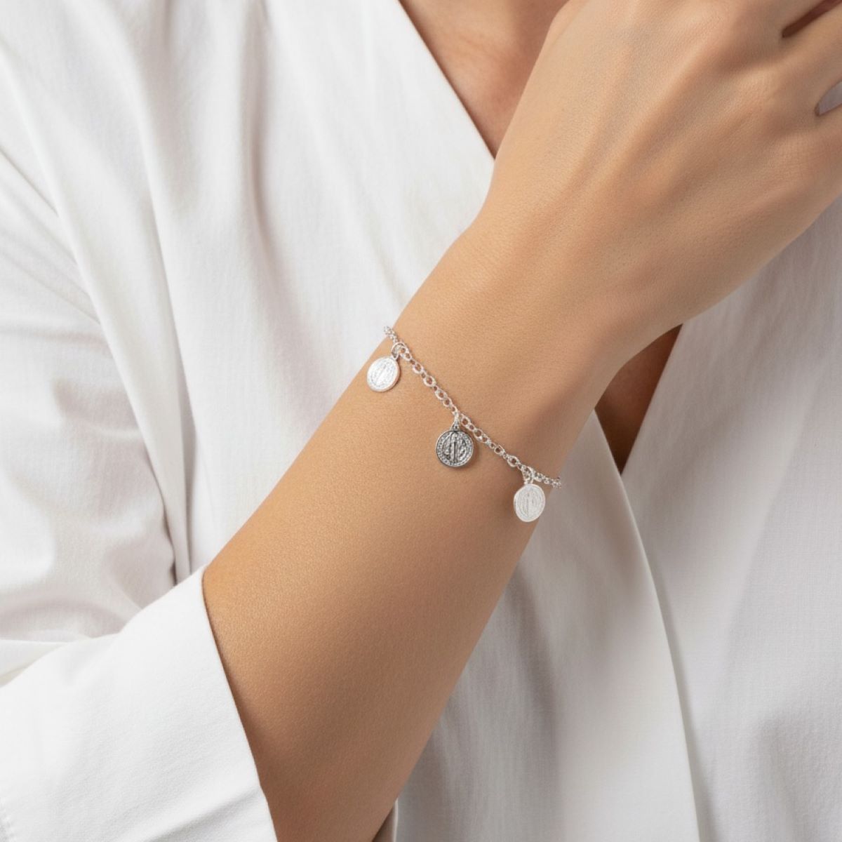 Pulsera 3 Medallas de San Benito - Plata