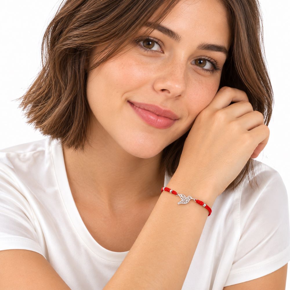 Pulsera Colibrí Hilo Rojo y Plata