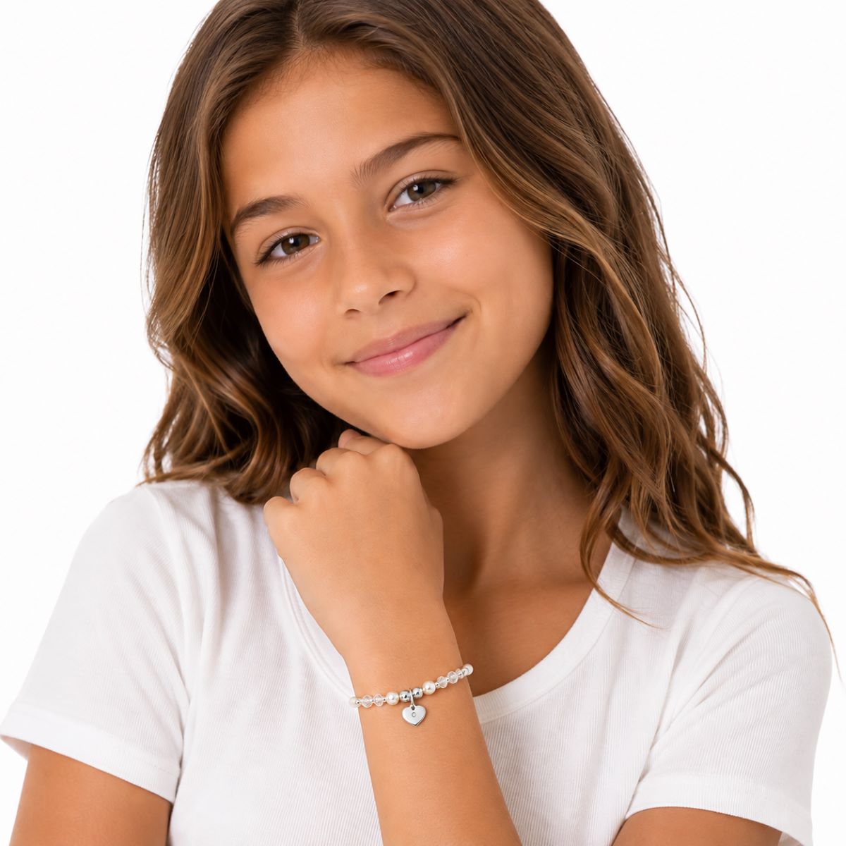 Pulsera Corazón Brillo Perlas Niña  - Plata