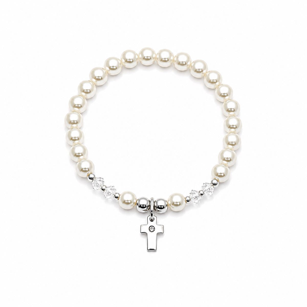 Pulsera Cruz Brillo Perlas Niña  - Plata