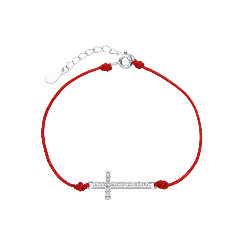 Pulsera Cruz Brillos - Hilo Rojo y Plata