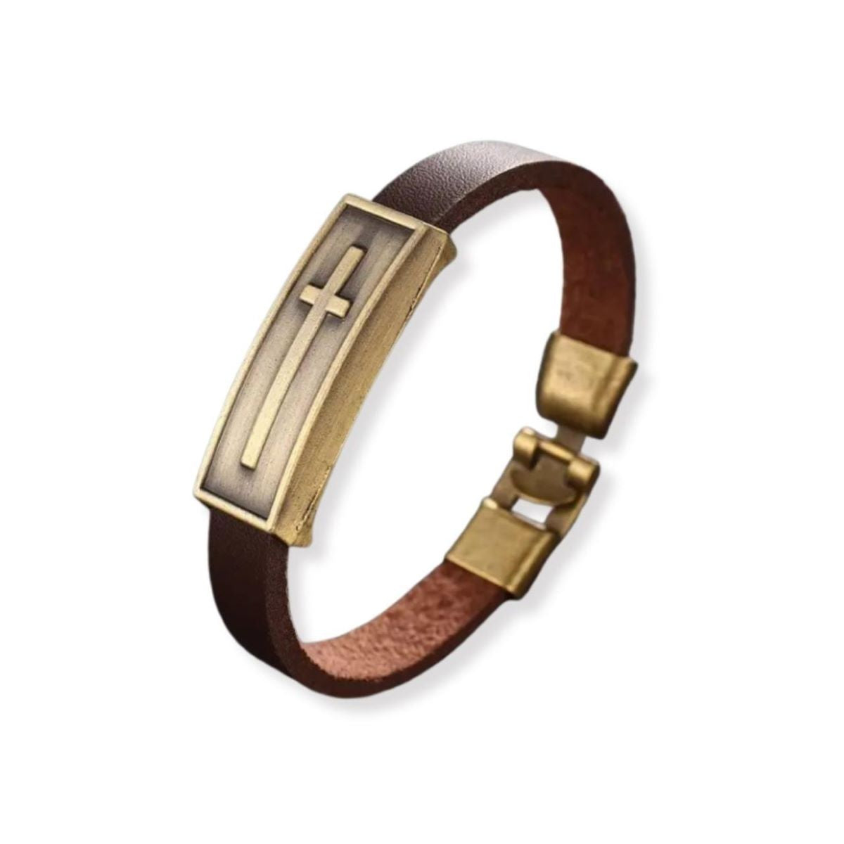 Pulsera con Placa Cruz - Cuero y Bronce
