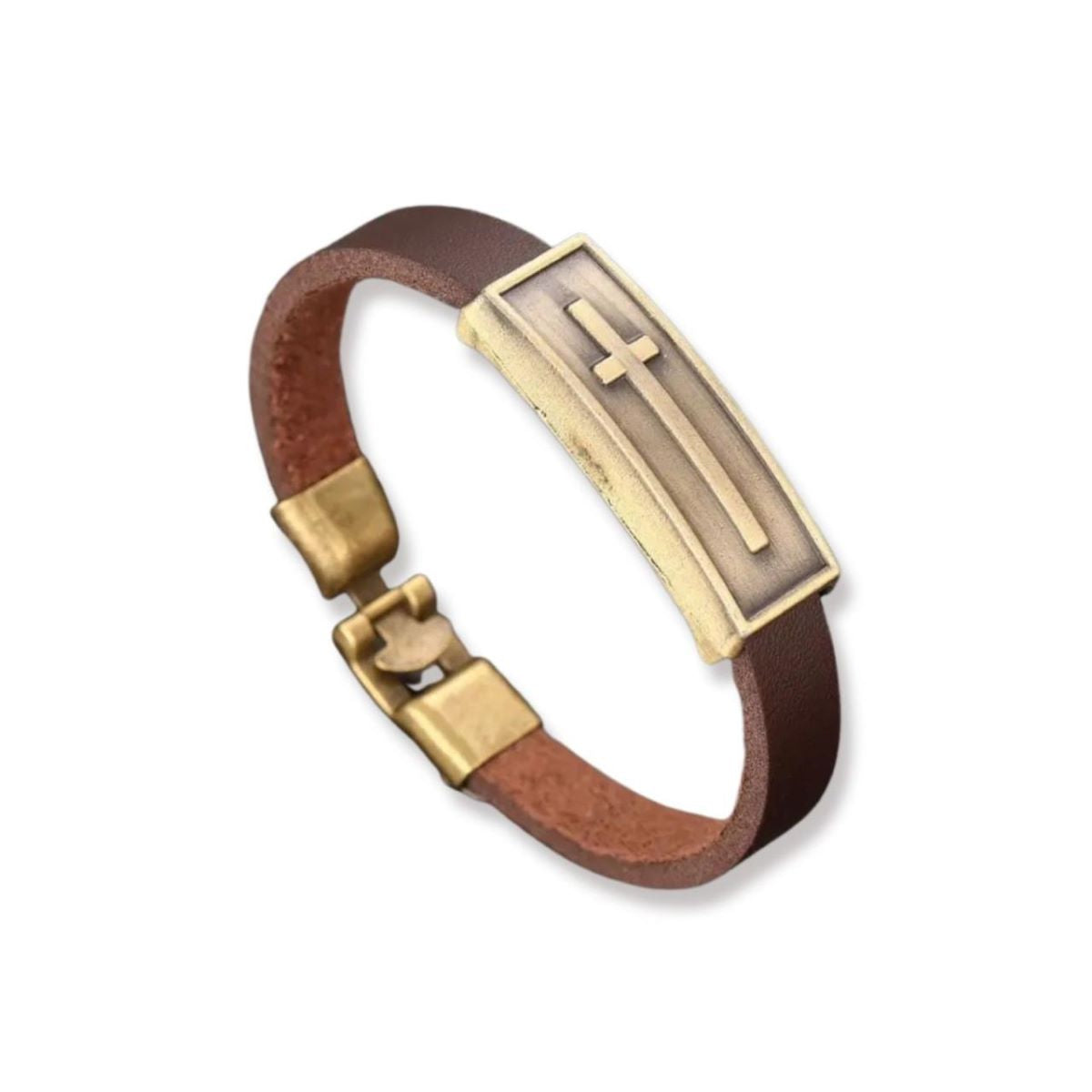 Pulsera con Placa Cruz - Cuero y Bronce
