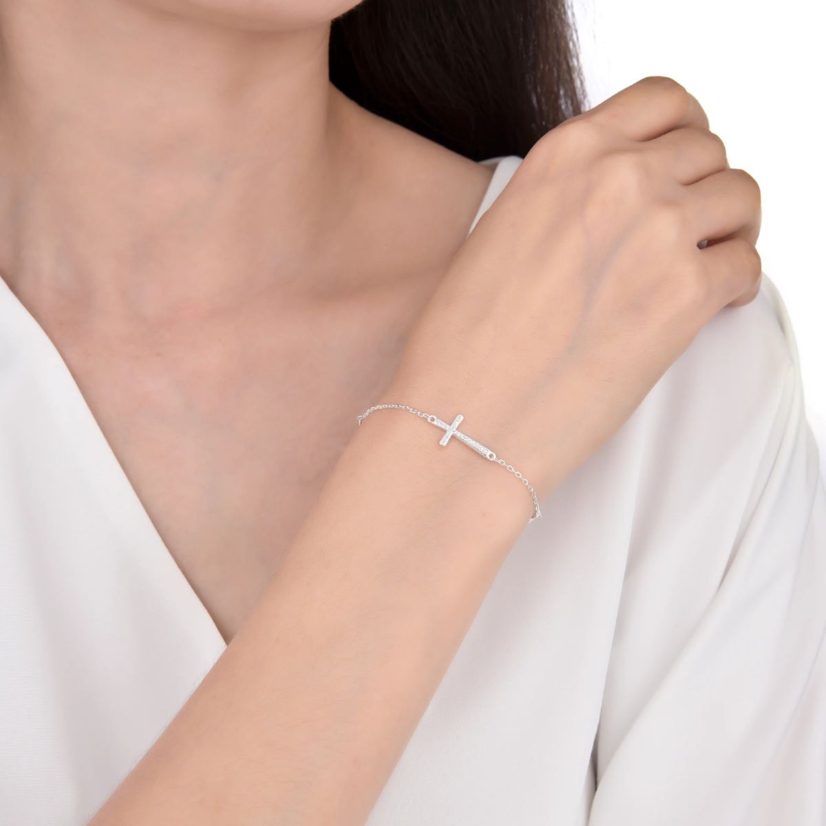 Pulsera Cruz Brillos y Puntos de Luz - Plata