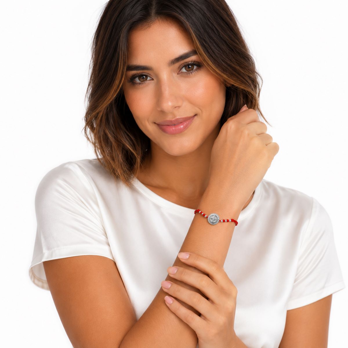 Pulsera Cruz San Benito - Hilo Rojo y Plata