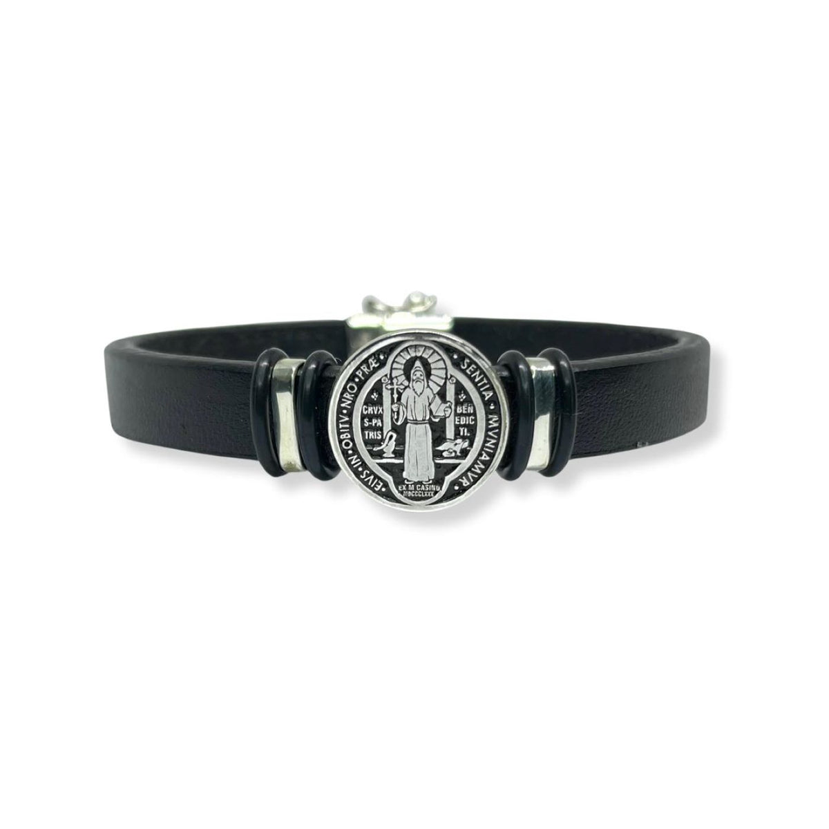 Pulsera San Benito en Cuero - Plata