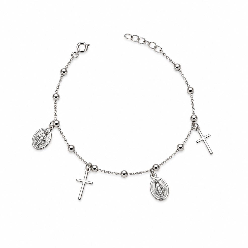 Pulsera Virgen de la Medalla Milagrosa y Cruces - Plata