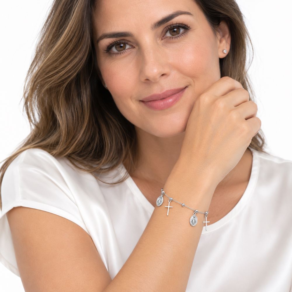 Pulsera Virgen de la Medalla Milagrosa y Cruces - Plata