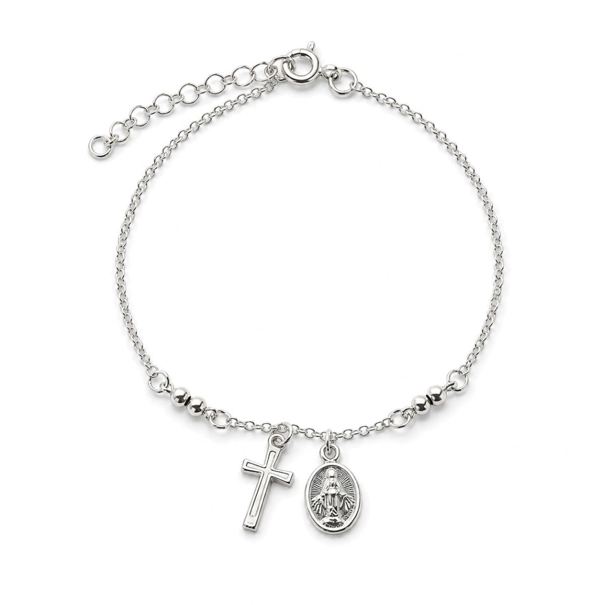 Pulsera Medalla Milagrosa y Cruz Cadena - Plata