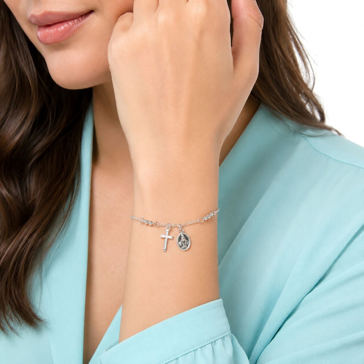 Pulsera Medalla Milagrosa y Cruz Cadena - Plata
