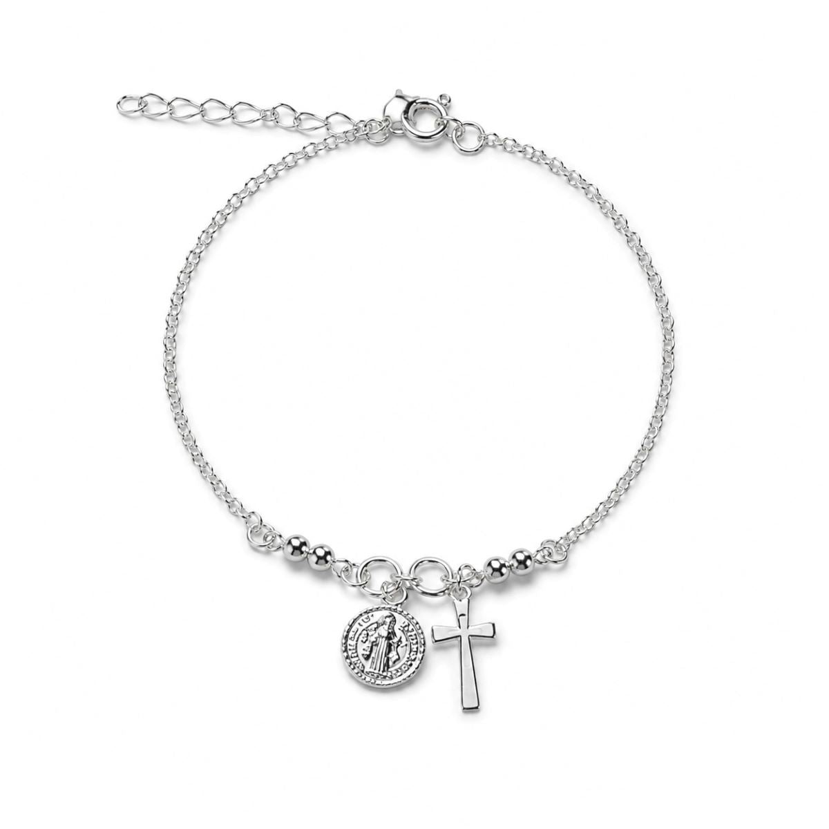 Pulsera San Benito y Cruz Cadena - Plata