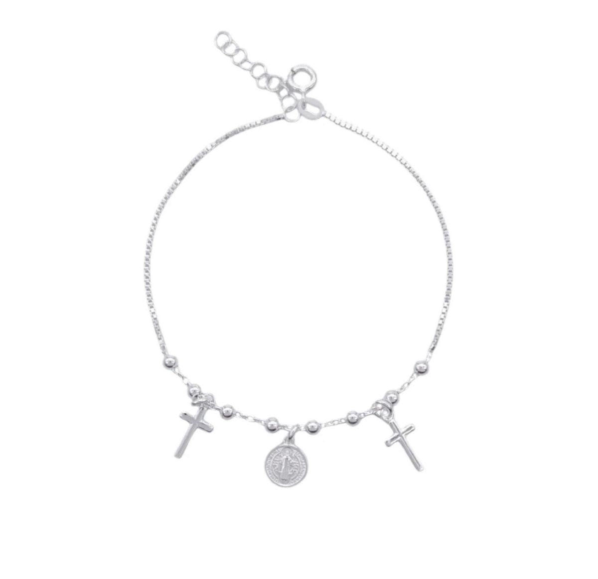 Pulsera Medalla San Benito y Cruces - Plata