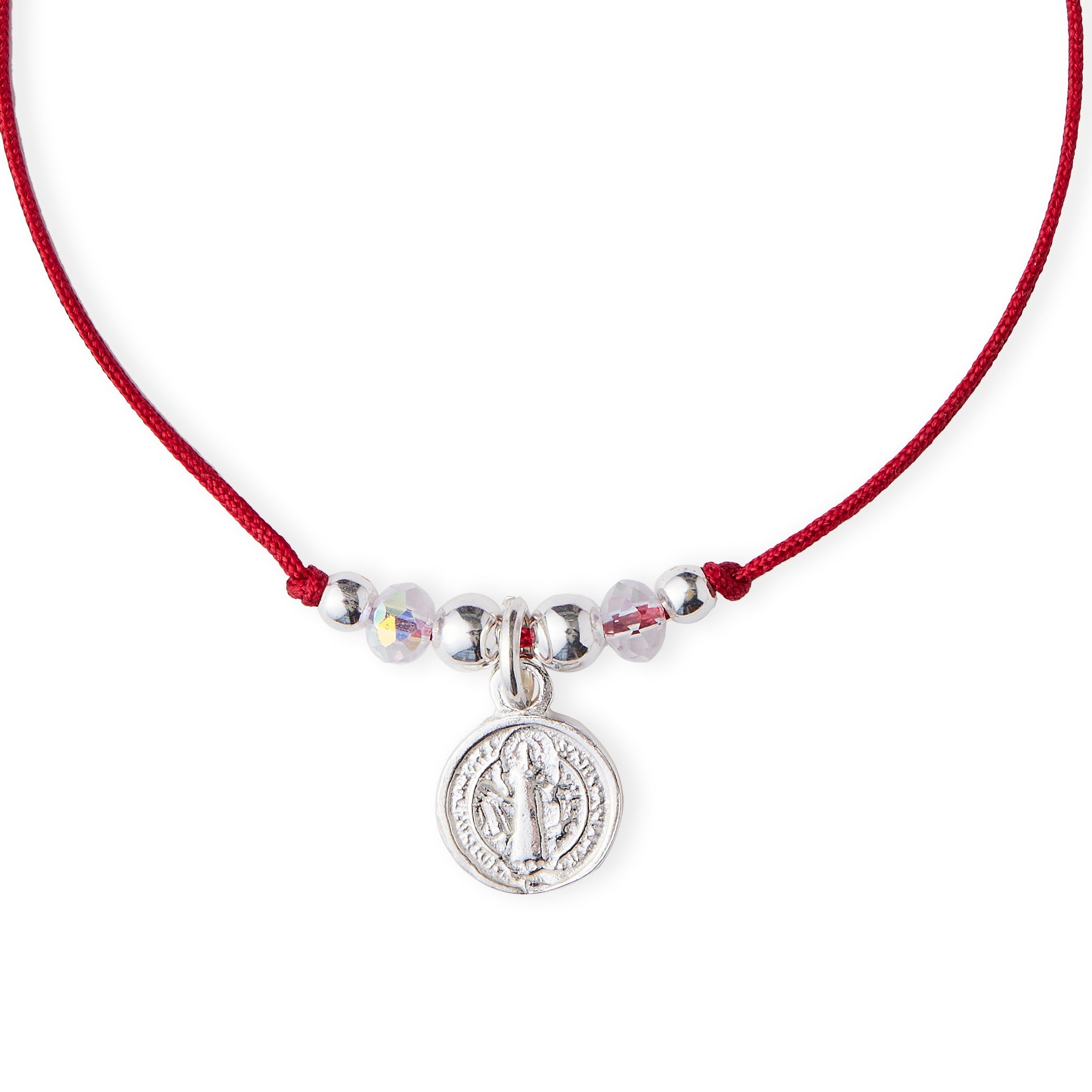 Pulsera Medalla de San Benito - Hilo Rojo y Plata