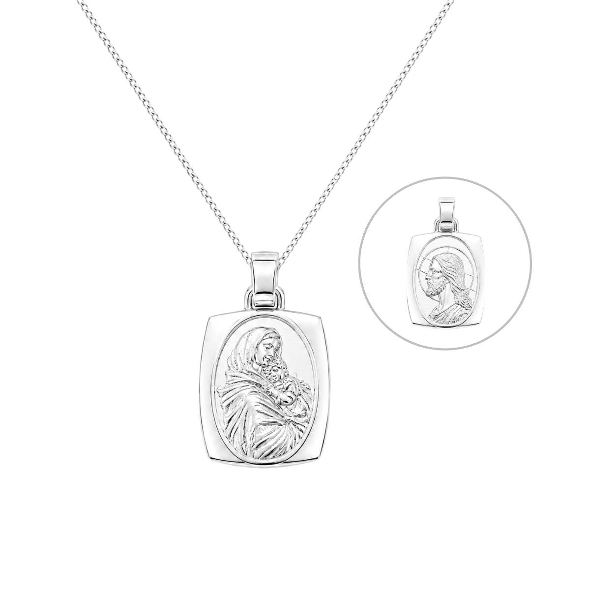 Dije Doble Cara - Virgen y Niño - Jesús con Cadena - Plata